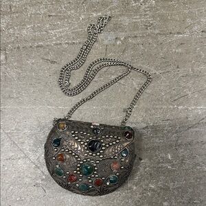 Boho Embellished Silver Chain Bag with Stones